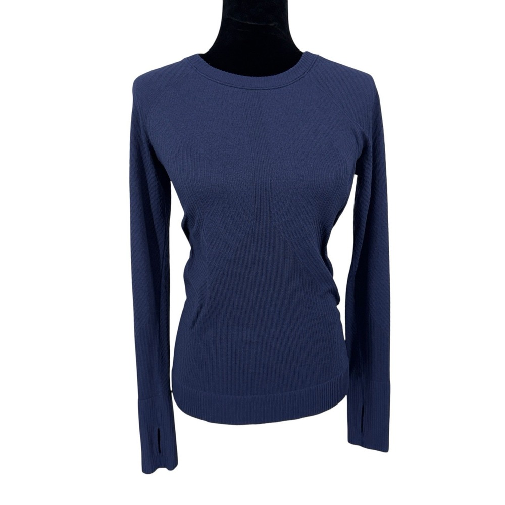 Lululemon Rest Less Pullover Long Sleeve Shirt Blue Ribbed Thumbholes Size 4